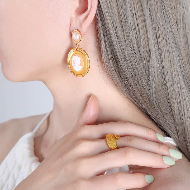 Wholesale Baroque Pearl Oval Portrait Gold Plated Earrings